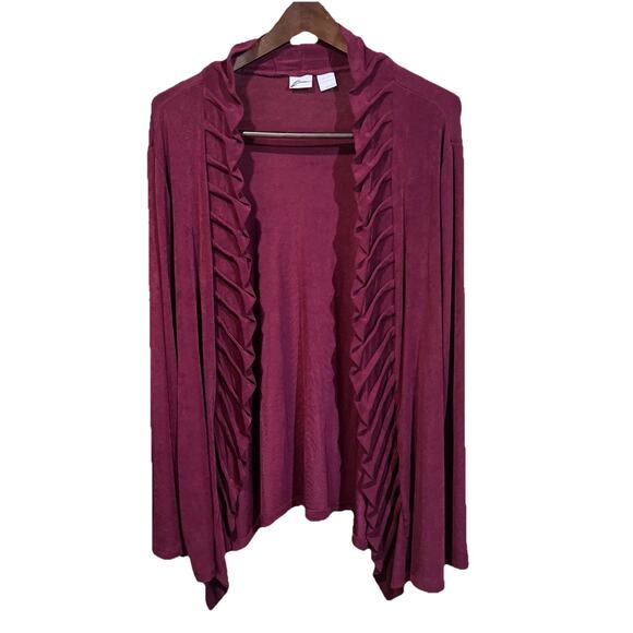 Chicos Travelers Open Front Cardigan Slinky Knit Pleated Ruffle Red Size 4 20/22 - Picture 1 of 9